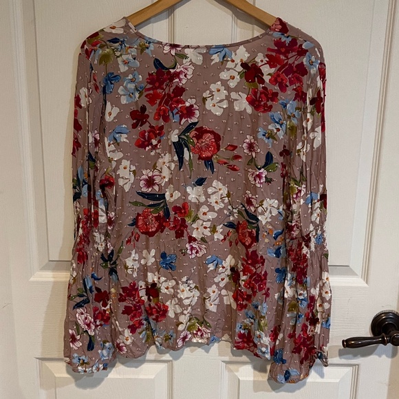 Cupio Blouse Large Taupe Floral Long Sleeve Boho Textured Dot Print Peasant Top - Picture 3 of 4